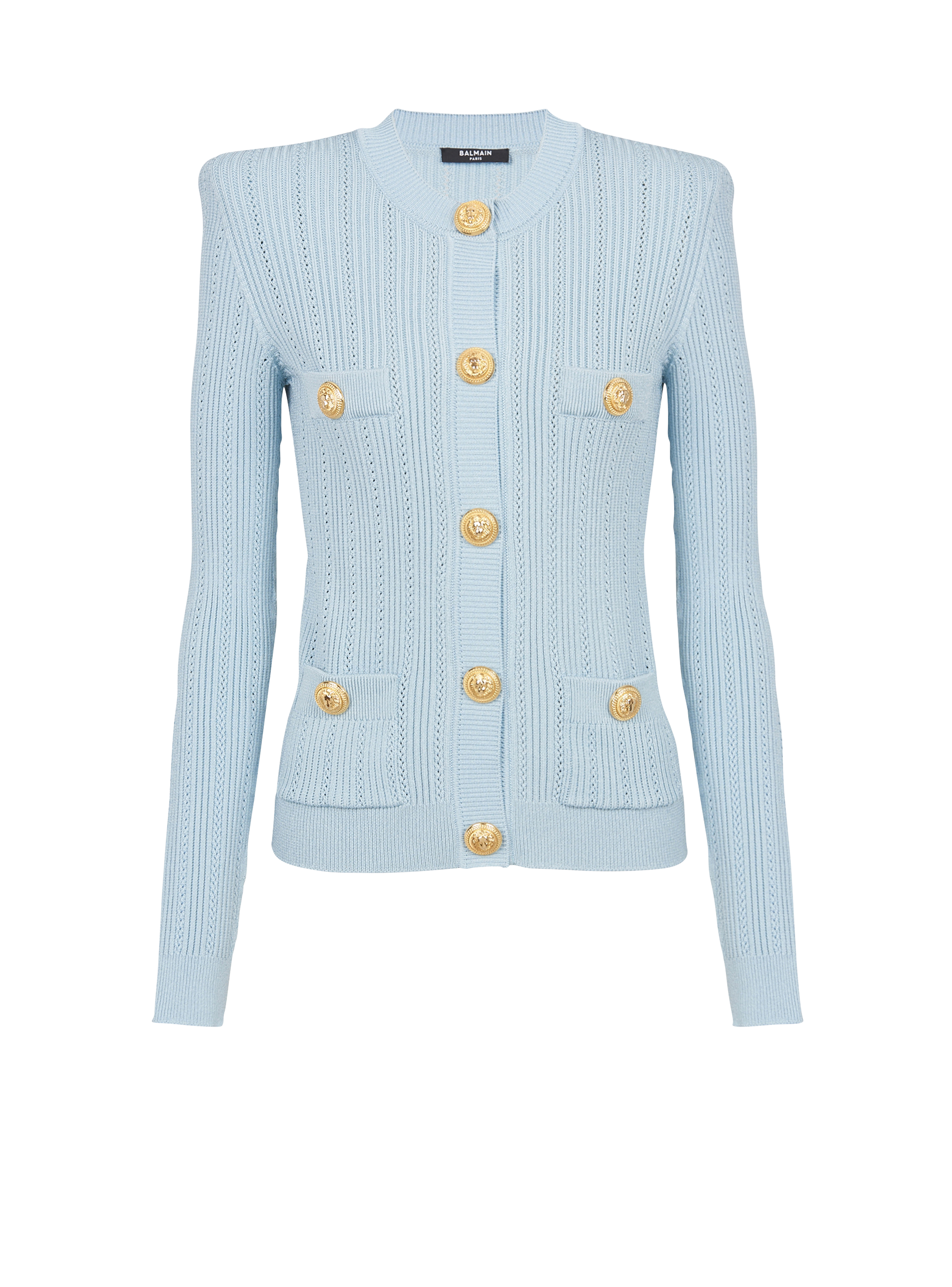 Cropped eco-designed knit cardigan with gold-tone buttons, blue