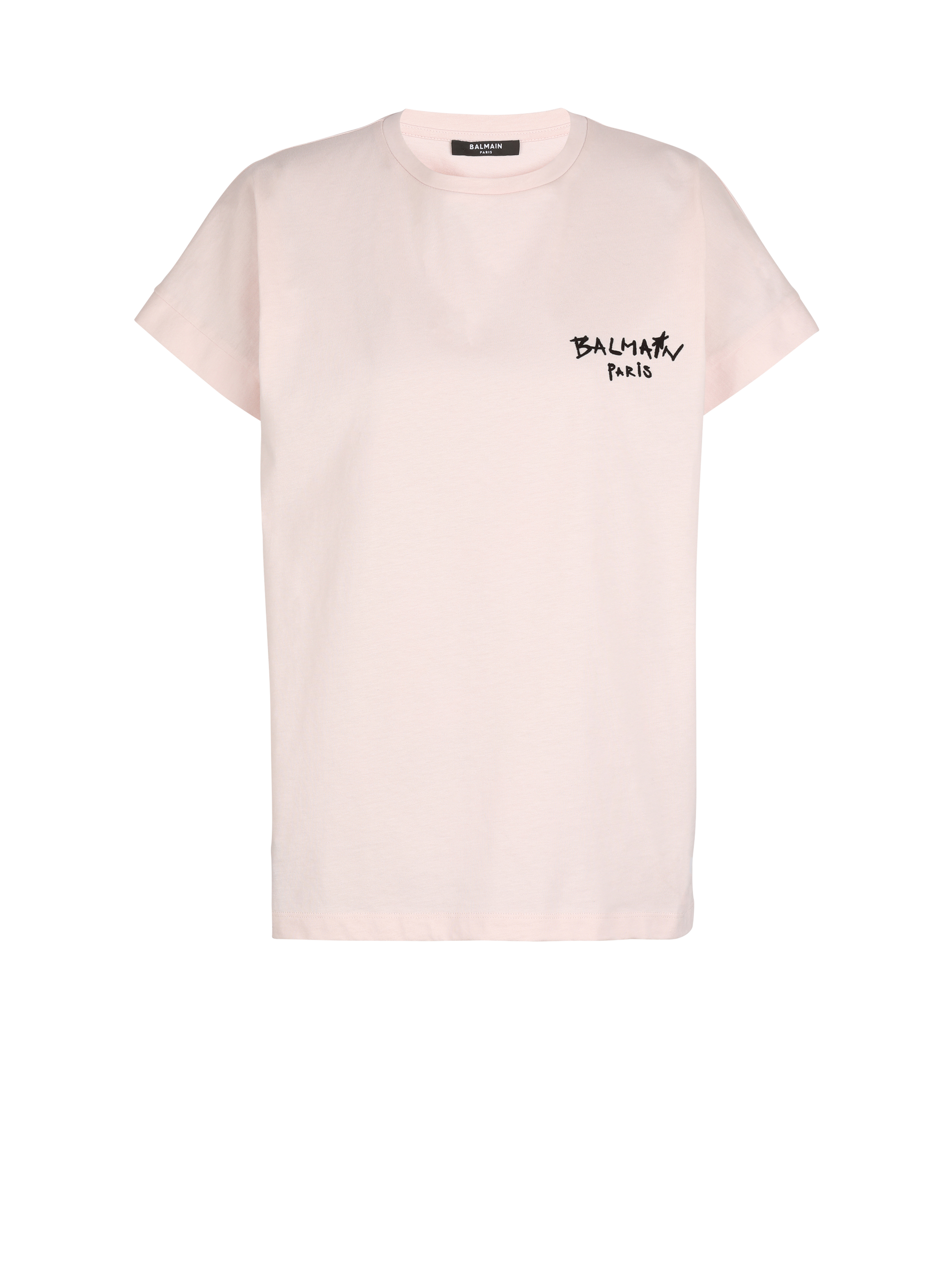 Cotton T-shirt with small flocked graffiti Balmain logo, pink