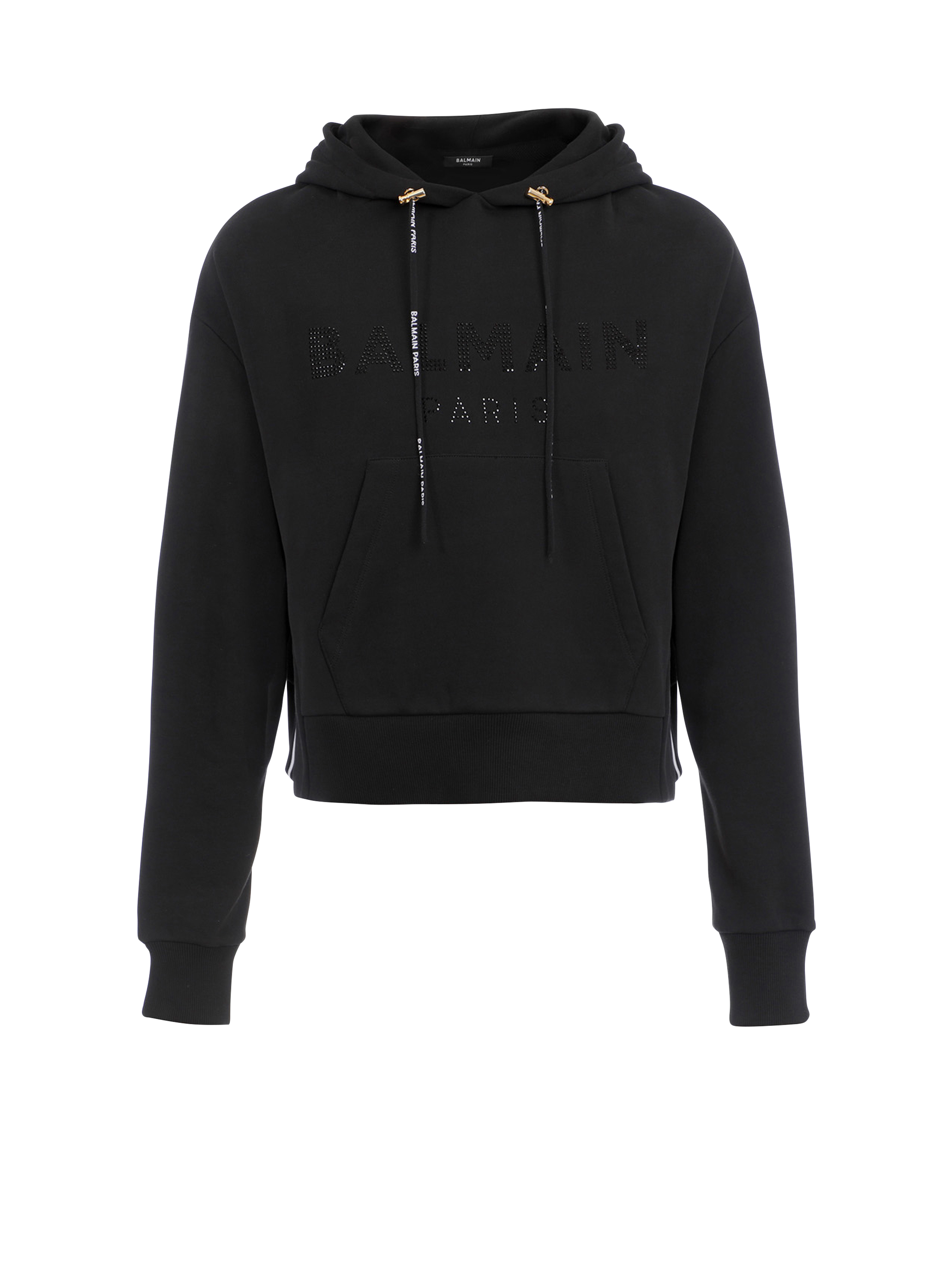 Cropped eco-designed cotton sweatshirt with rhinestone Balmain logo, black