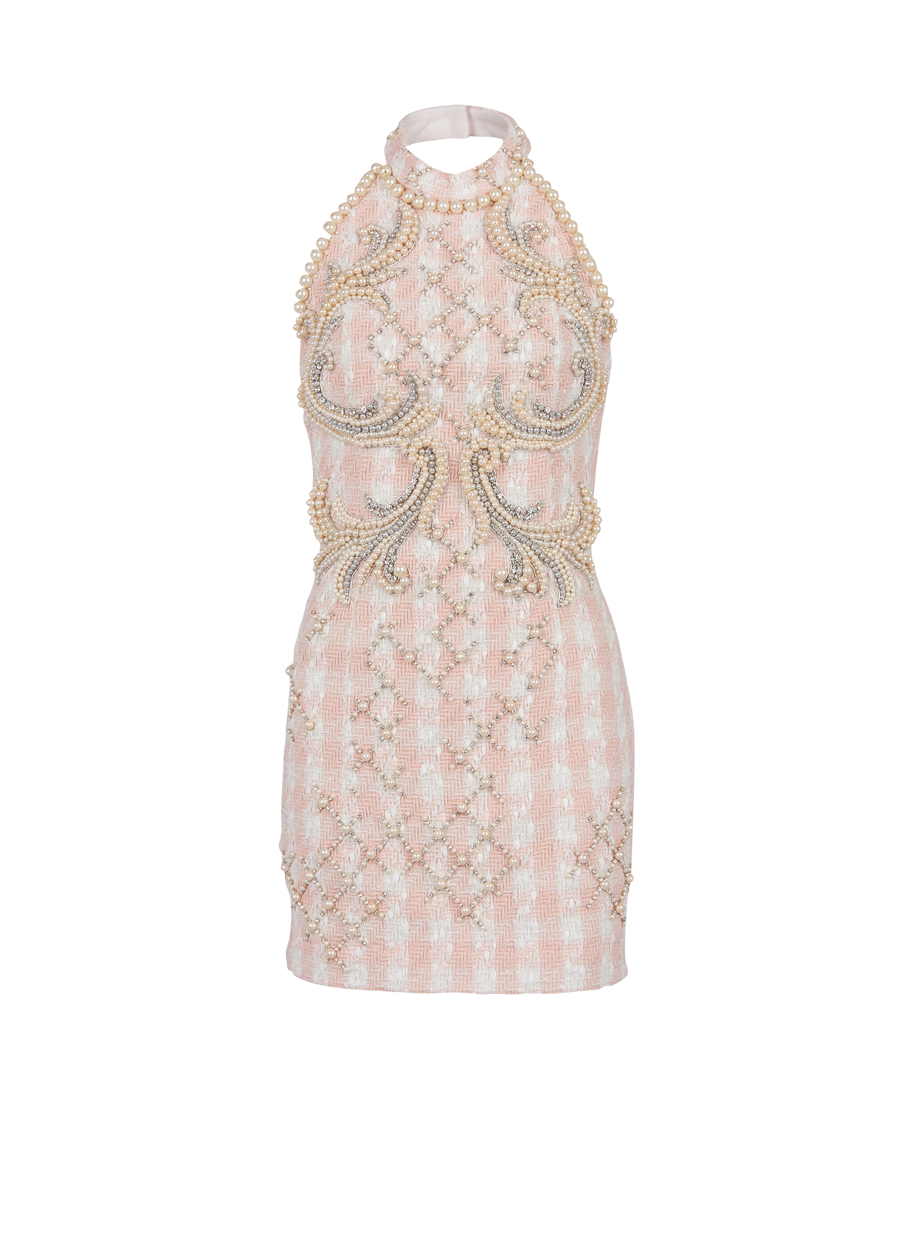 Short tweed dress with embroidery, pink