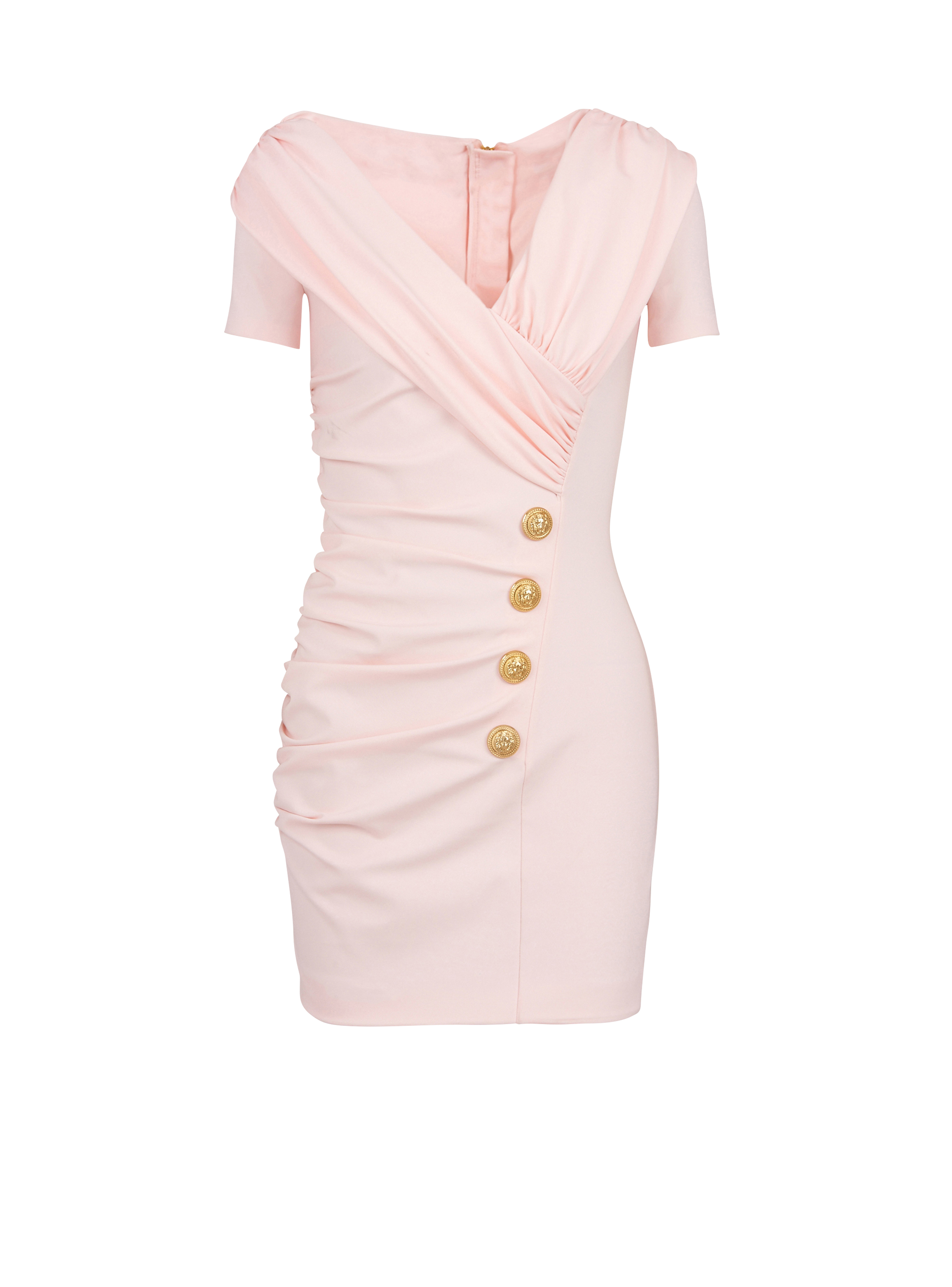 Short draped jersey off-the-shoulder dress, pink