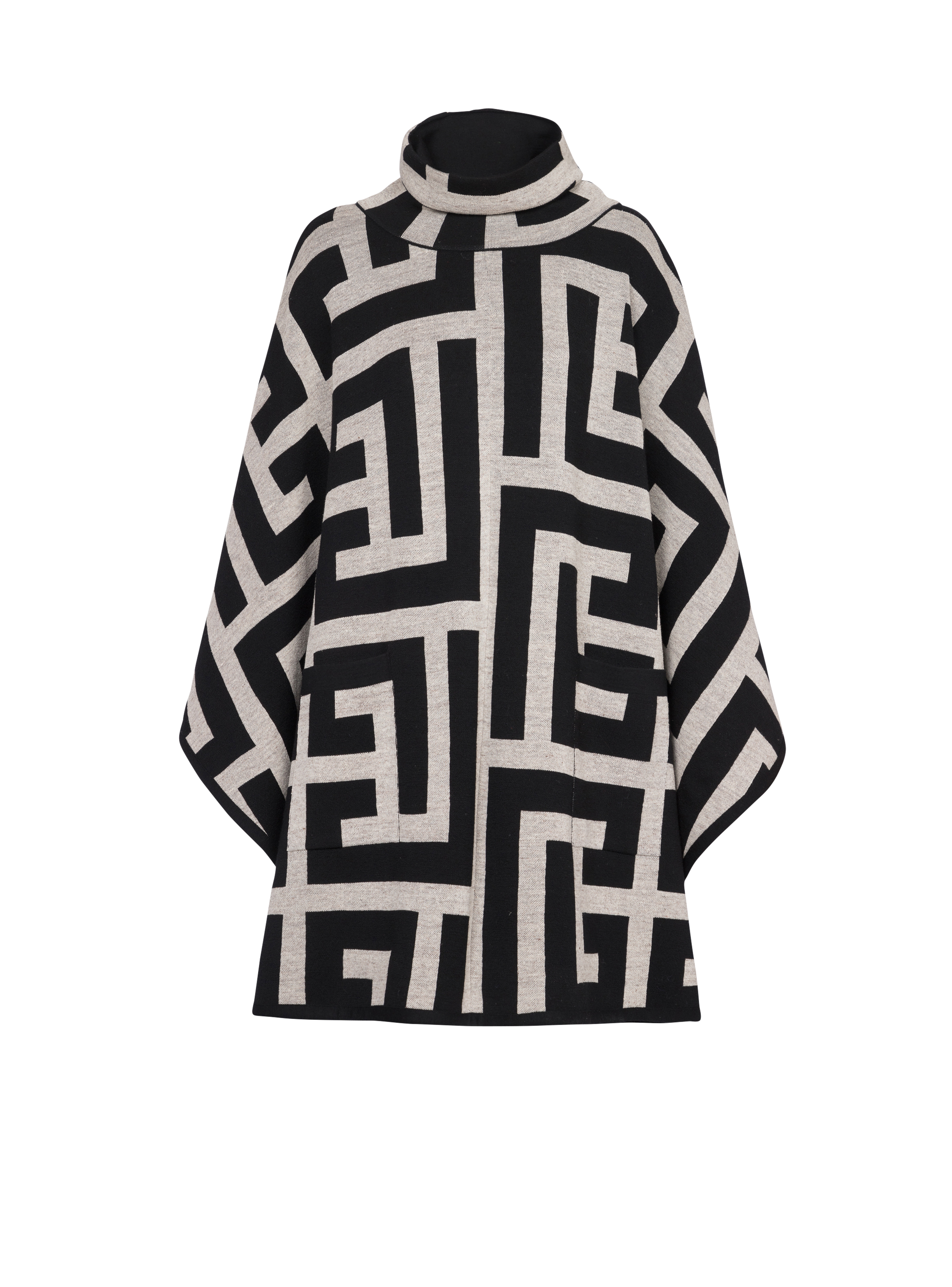 Knit poncho with maxi Balmain monogram print, black