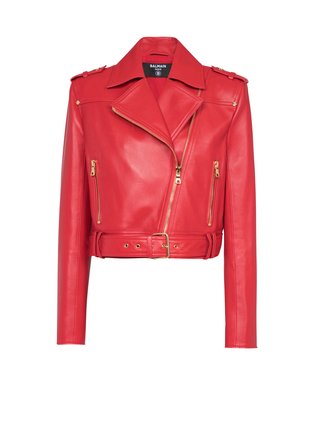 Cropped leather biker jacket, red, hi-res