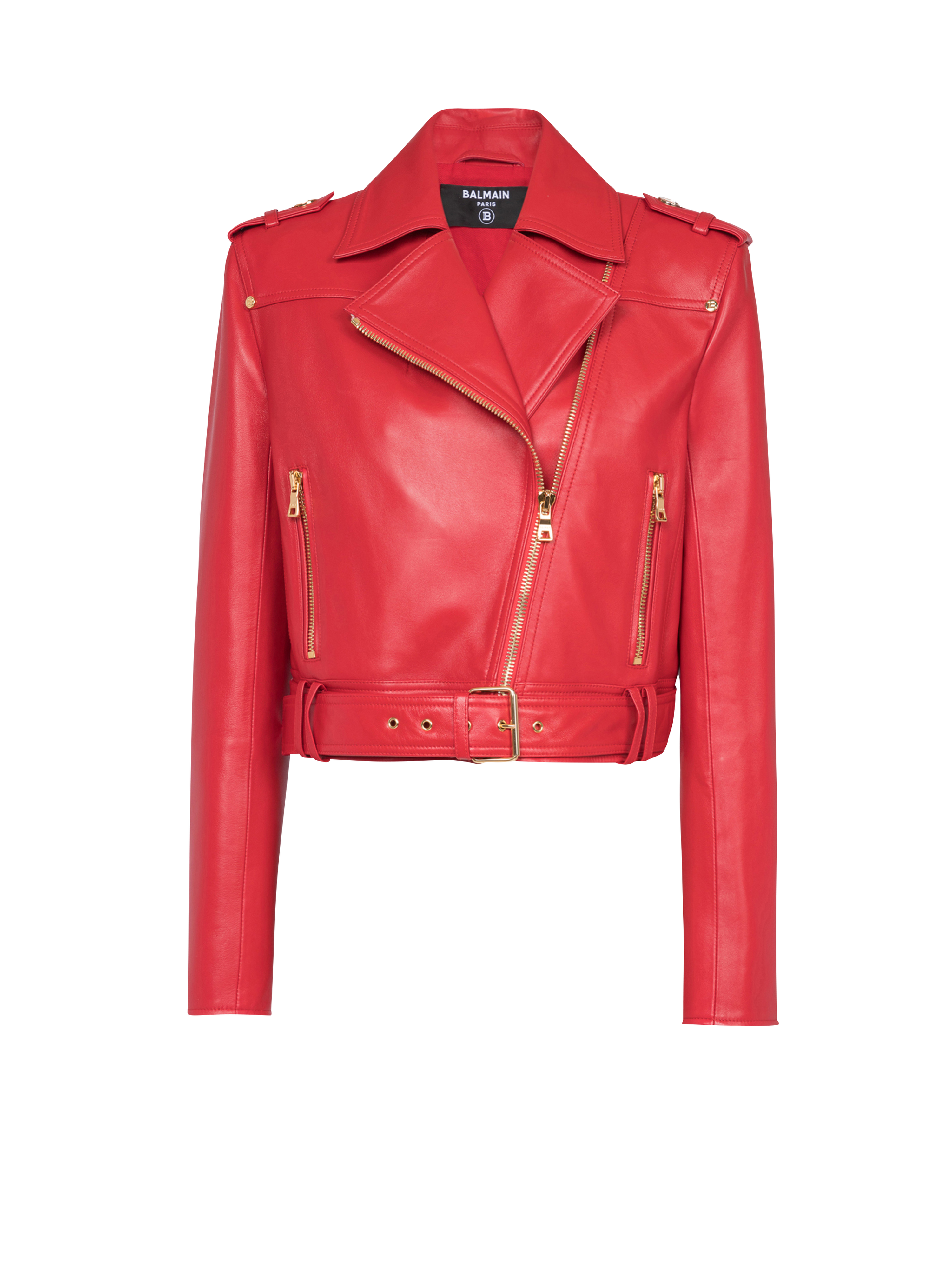 Cropped leather biker jacket, red